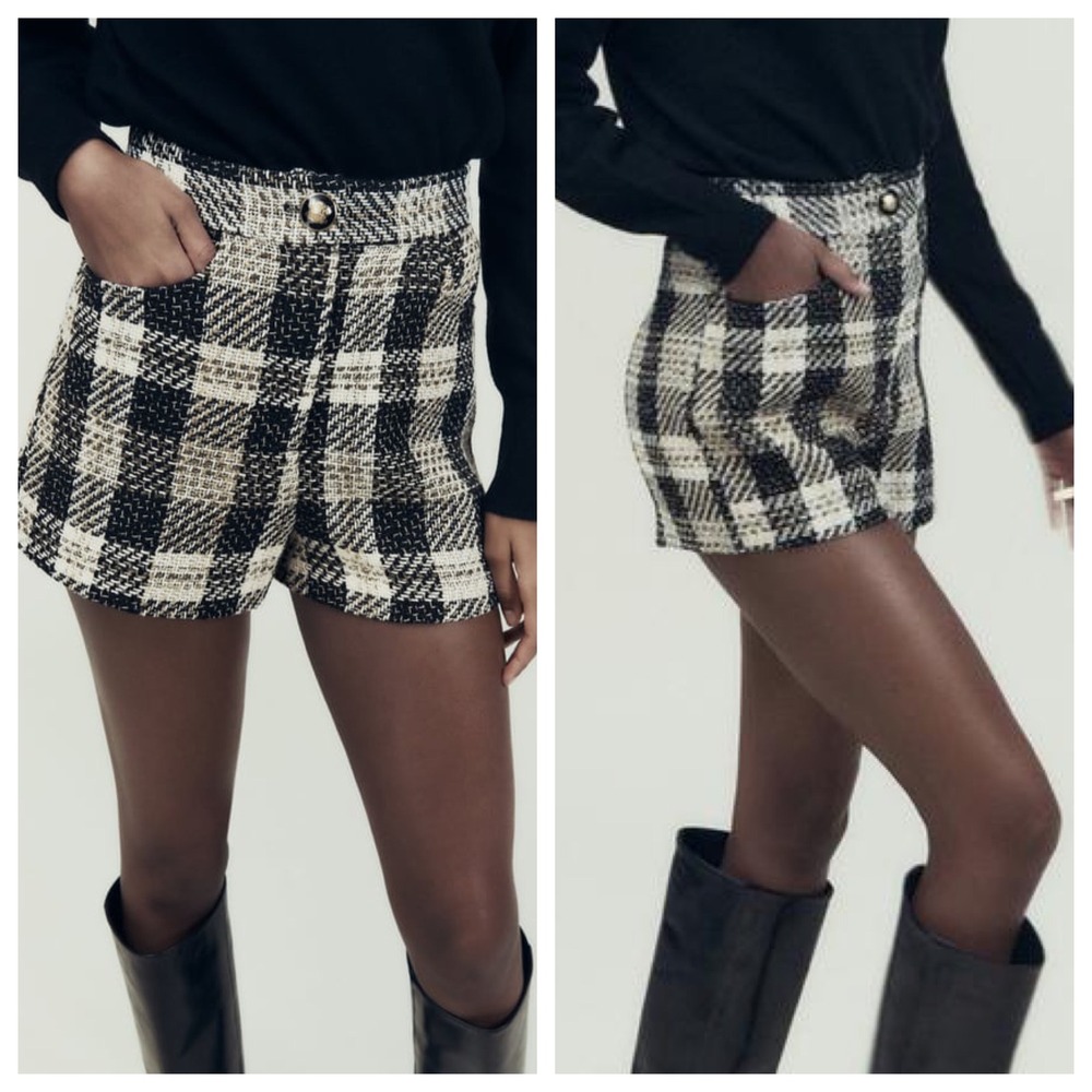 Zara Black Cream Plaid Tweed High Waist Shorts Gold Crest Button Size M 2214/120